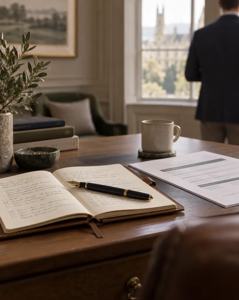 A notebook and a fountain pen beside a printed agenda