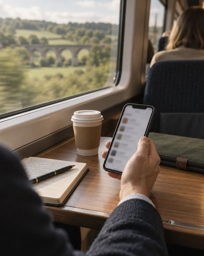A phone in hand on the train from London to Bath